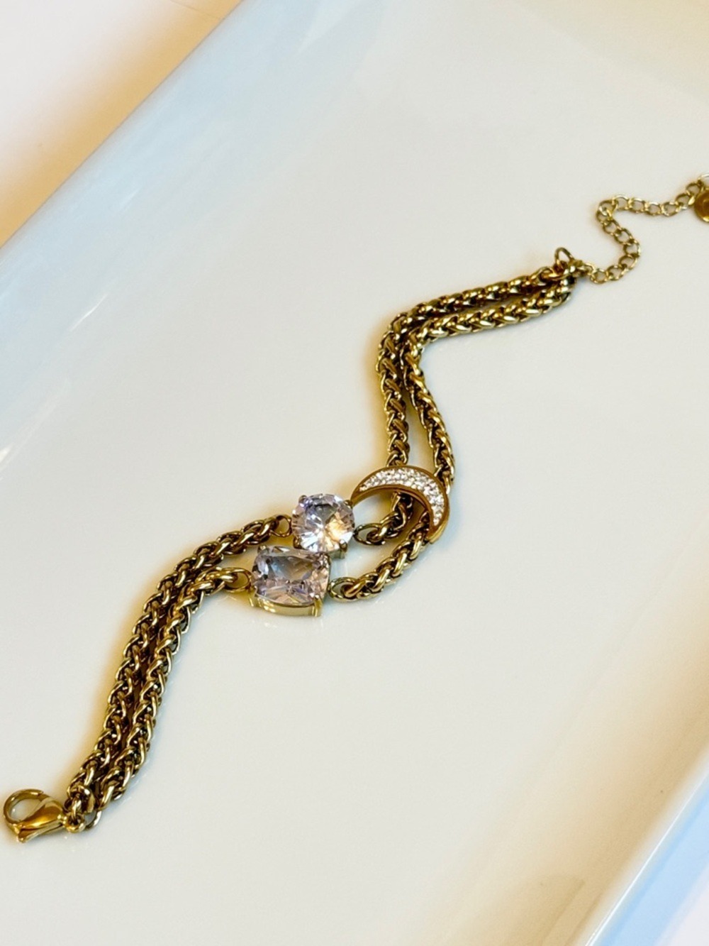 Gold Celestial Crescent Moon Crystal Double Chain Bracelet NWT - Picture 4 of 8